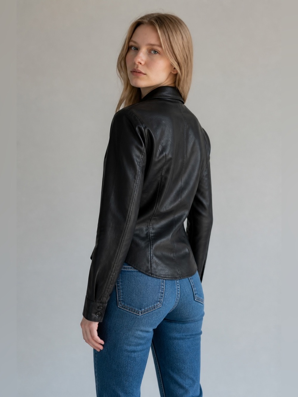 Genuine Nappa Leather Jacket Women's Fitted Moto Style Black Snap Front - Picture 2 of 2